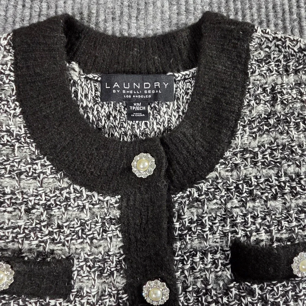 Laundry by Shelli Segal Black White Tweed Knit Cardigan Pearl Button‎ Sweater XS